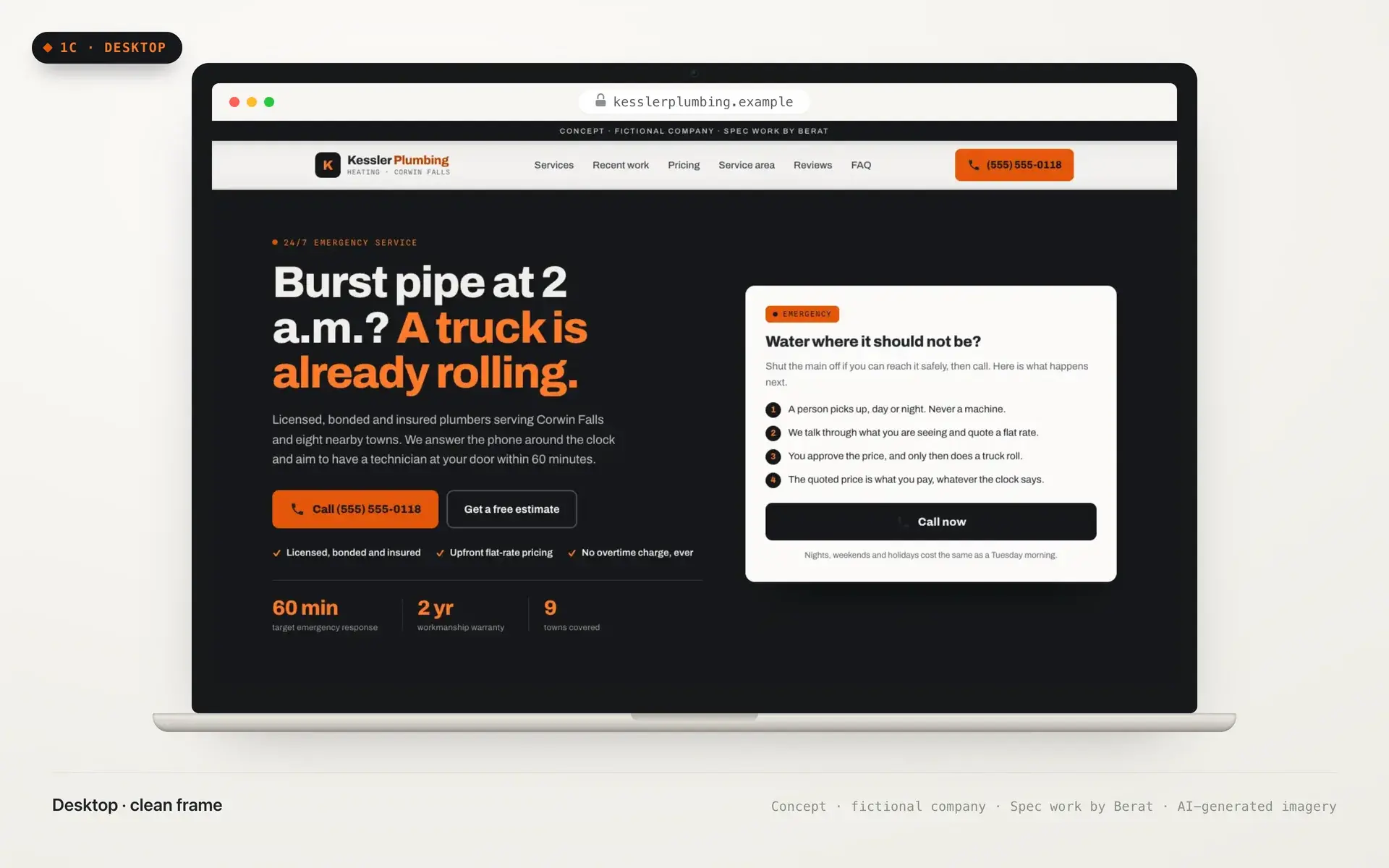 Kessler Plumbing & Heating homepage on desktop: charcoal hero with an orange call button, 24/7 emergency line, the named service area and licensed and insured badges.