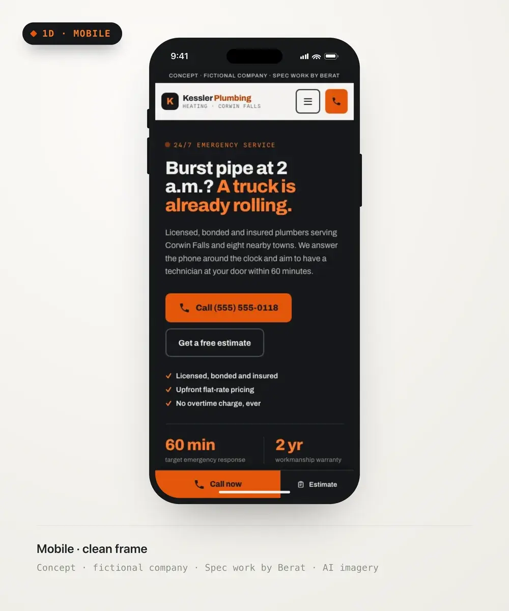 Kessler Plumbing & Heating homepage on a phone: hero headline above a full-width orange call button within thumb reach.