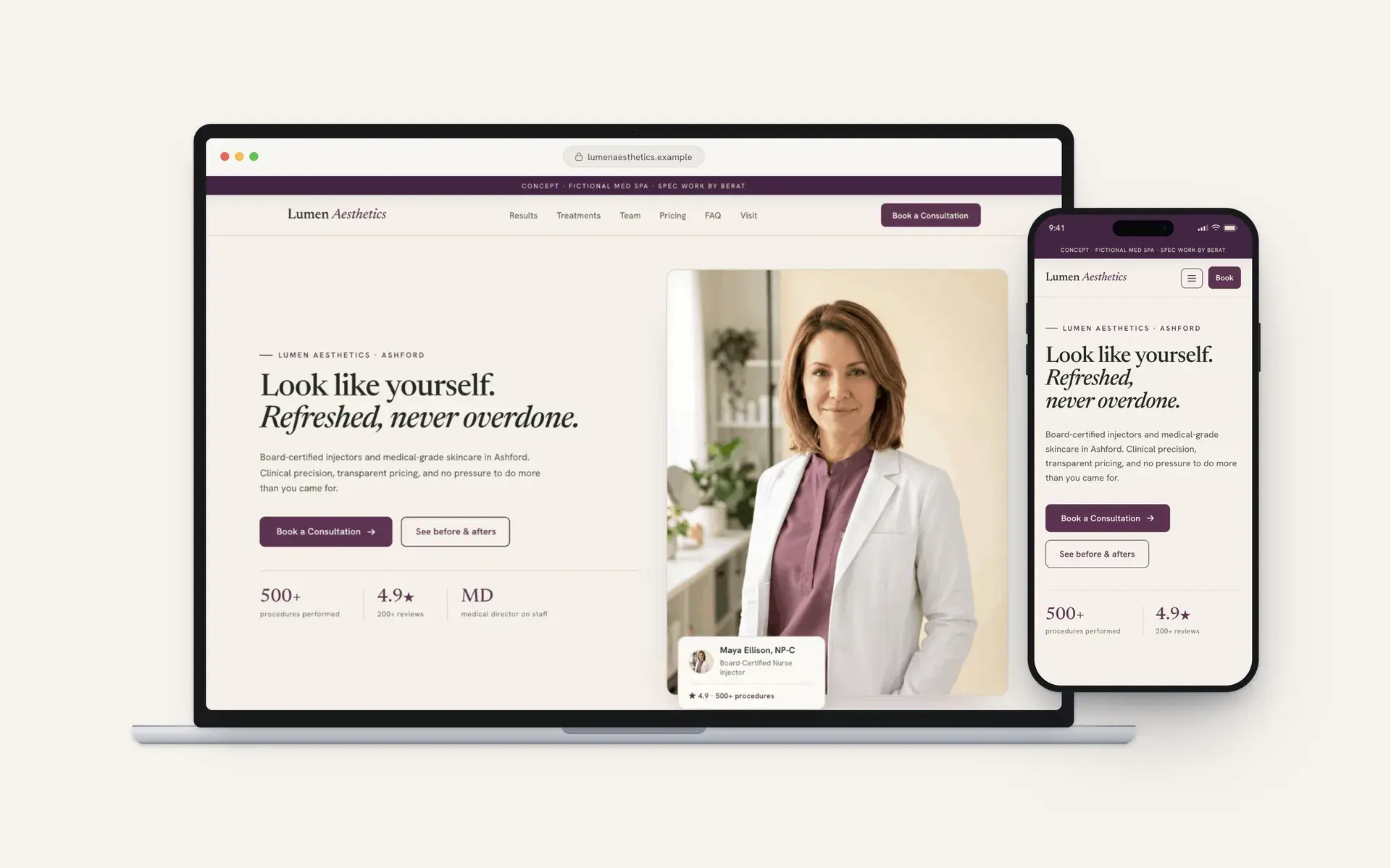 Lumen Aesthetics concept website on a laptop and a phone: warm cream and plum design with the headline 'Look like yourself. Refreshed, never overdone.'