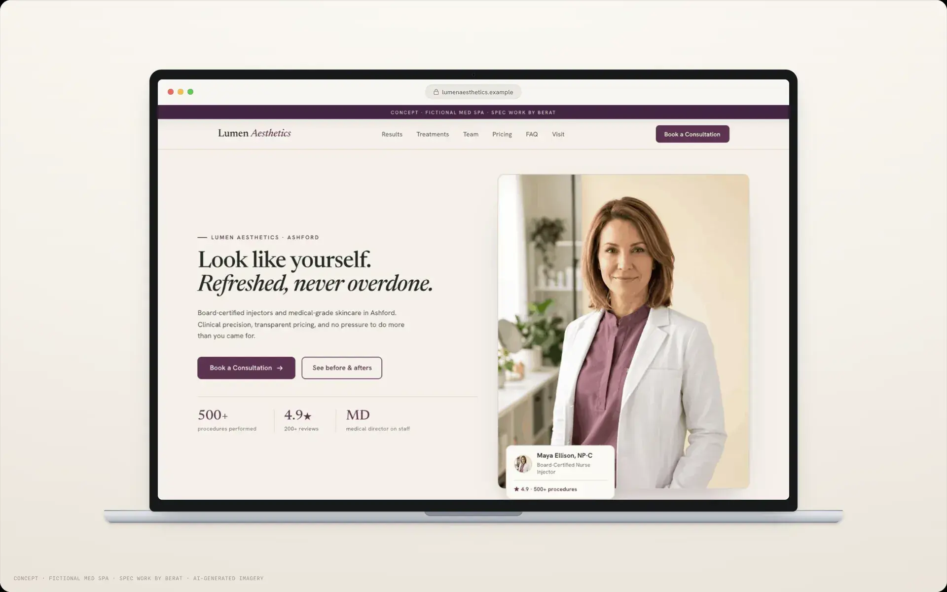 Lumen Aesthetics homepage on desktop: serif headline, book-a-consultation and see-before-and-afters buttons, and the lead injector's name and credentials on her portrait.
