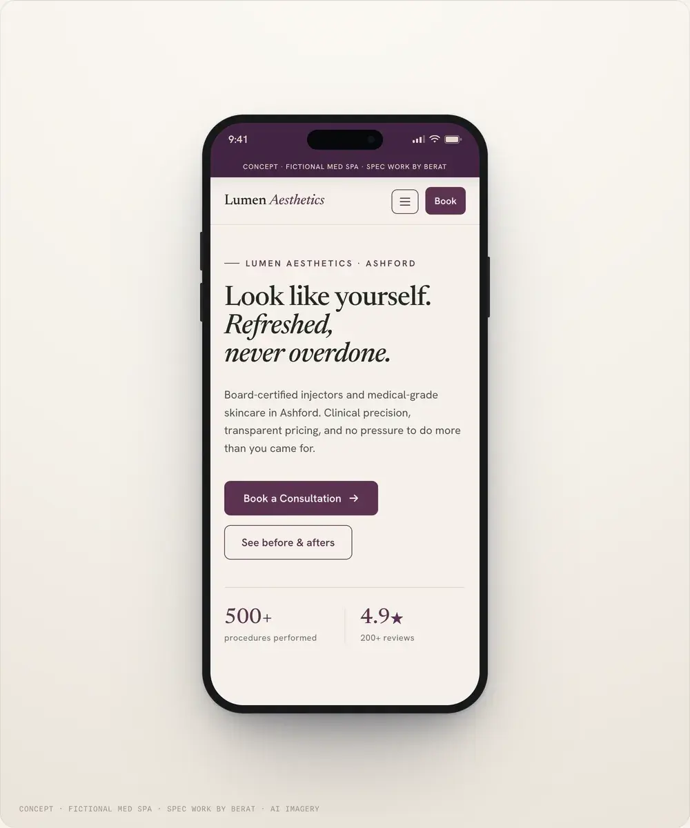 Lumen Aesthetics homepage on a phone: serif hero headline with book-a-consultation and see-before-and-afters buttons within thumb reach.