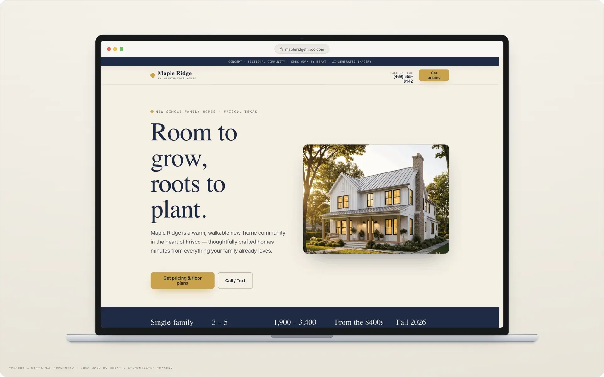 Maple Ridge homepage on desktop: serif headline, farmhouse photo, and a band with pricing and move-in timing.