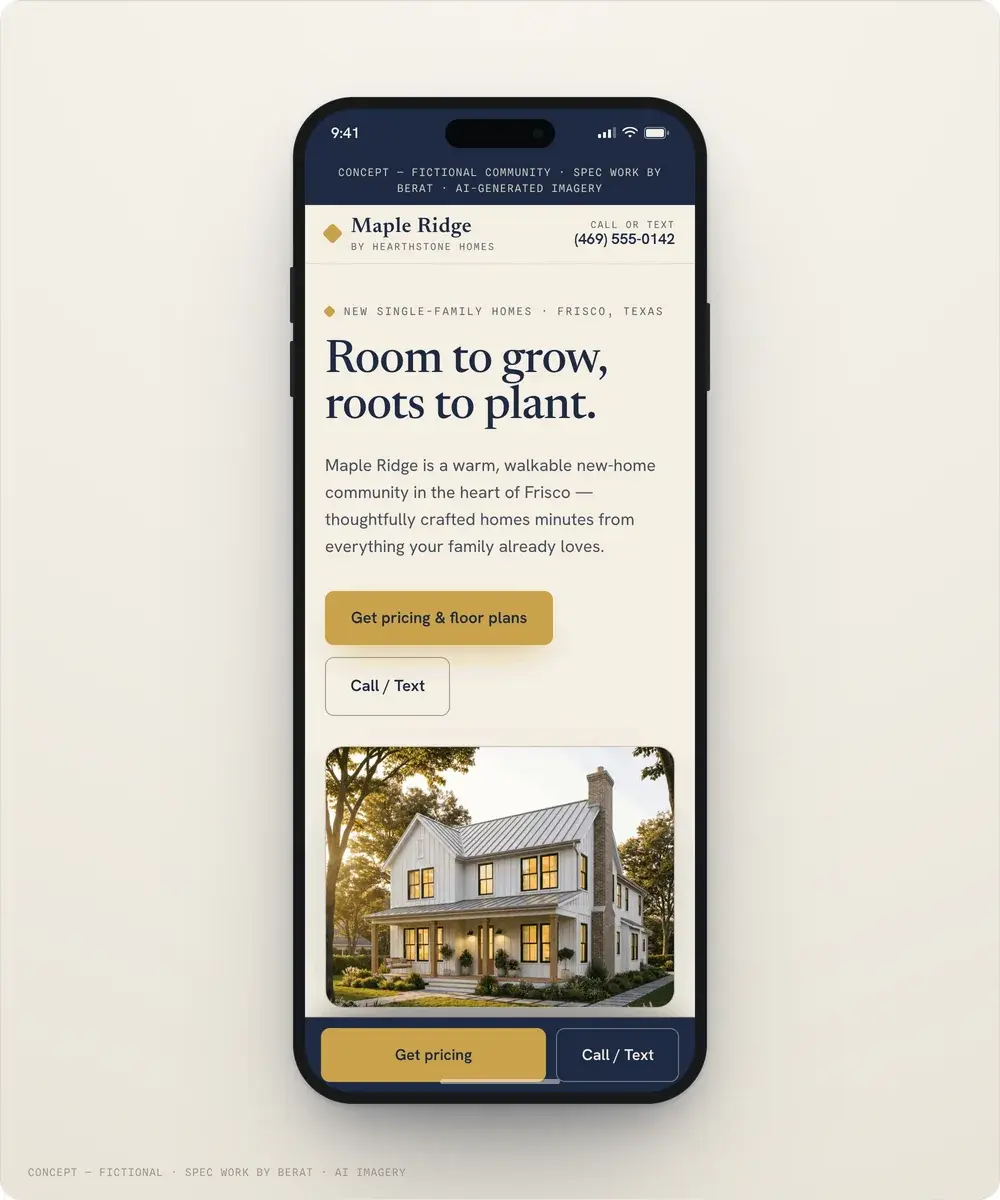 Maple Ridge homepage on a phone: headline, community intro and get-pricing buttons.