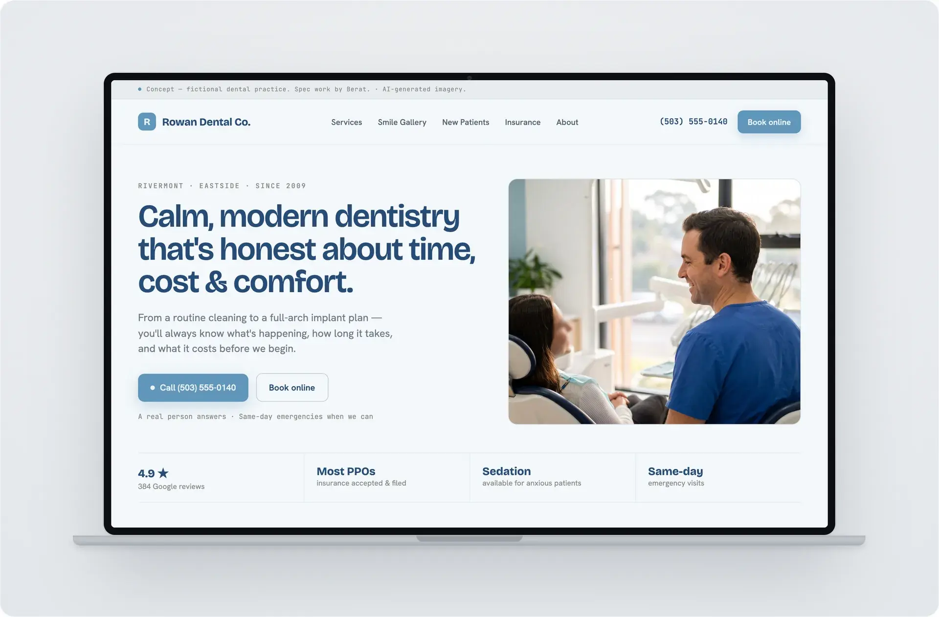 Rowan Dental homepage on desktop: hero headline, call and book-online buttons, plus review, insurance and same-day highlights.