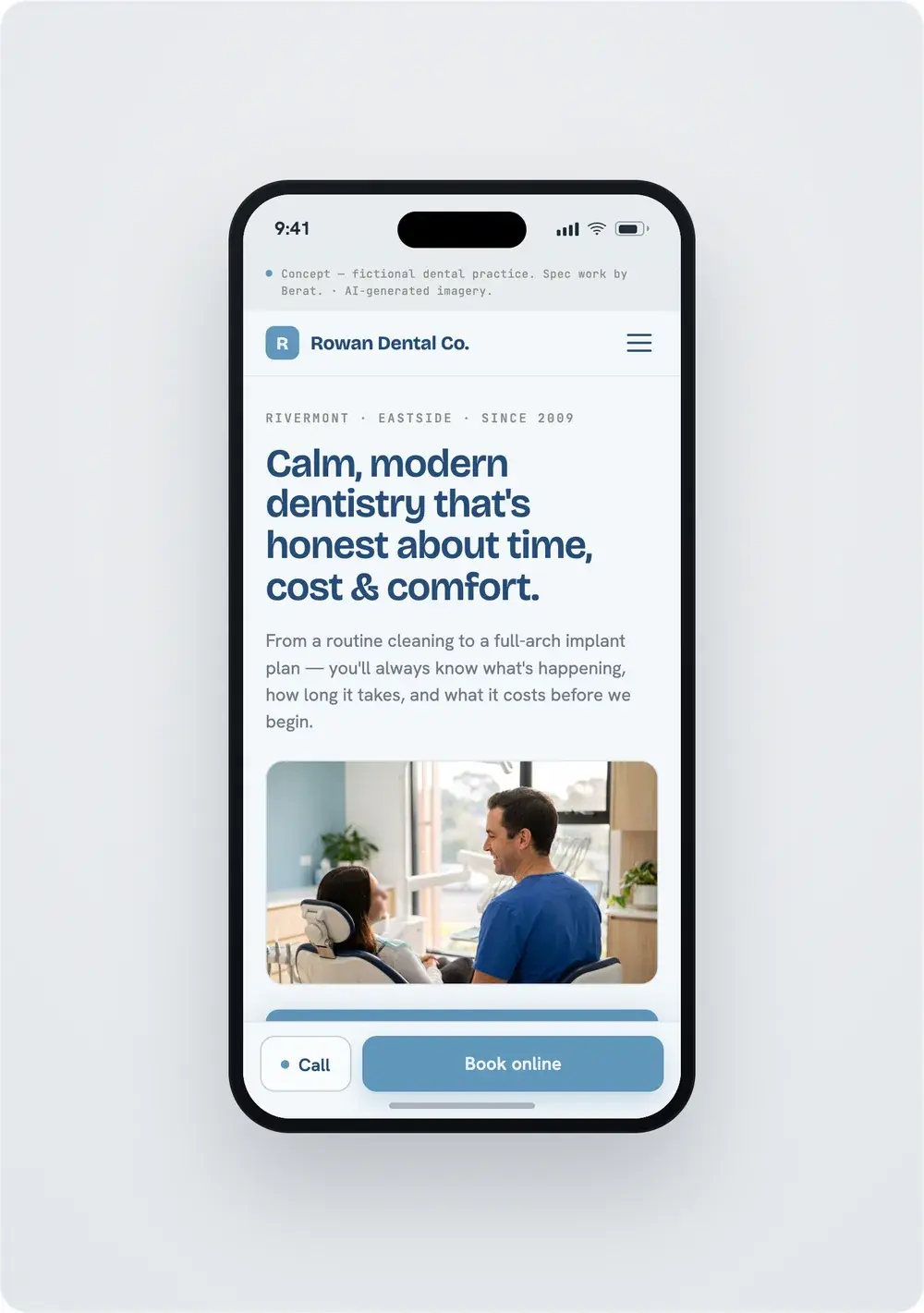 Rowan Dental homepage on a phone: compact hero with call and book-online buttons within thumb reach.