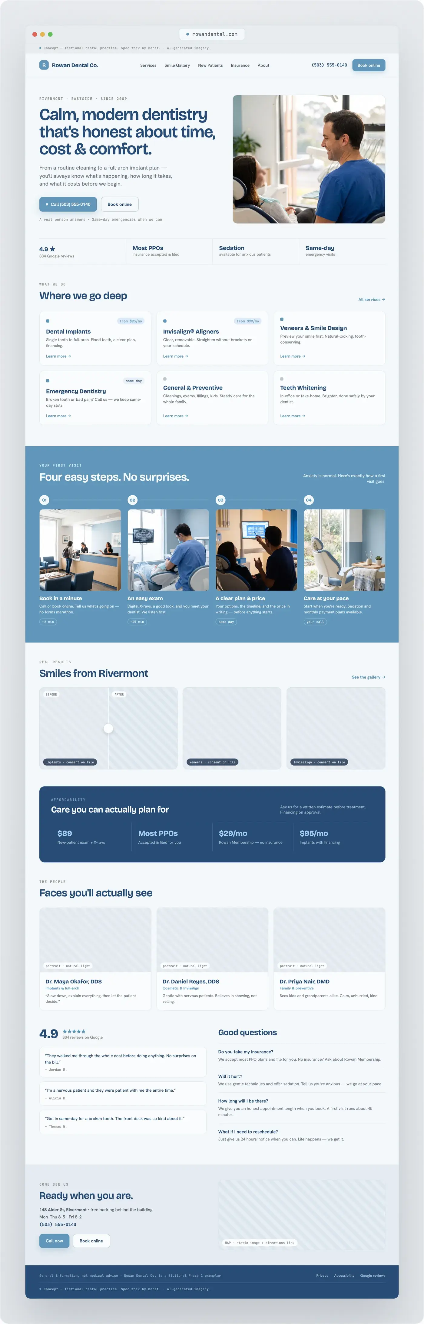 Full-length Rowan Dental homepage: hero, services, first-visit steps, smile gallery, pricing, team and contact sections in one long page.