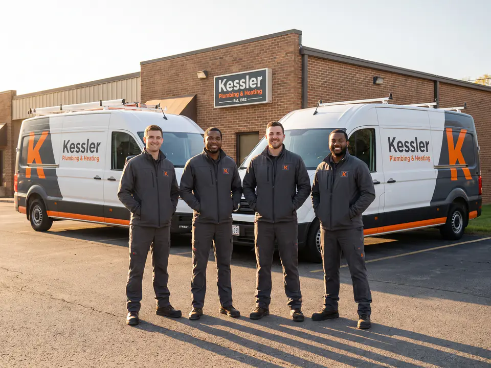 AI-generated placeholder standing in for a photo of the Kessler crew and service trucks. Not real people and not a real company.