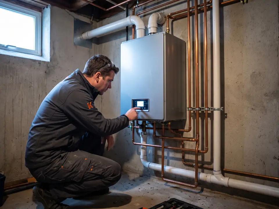 AI-generated placeholder standing in for a photo of a high-efficiency condensing boiler installation. Not a real job.