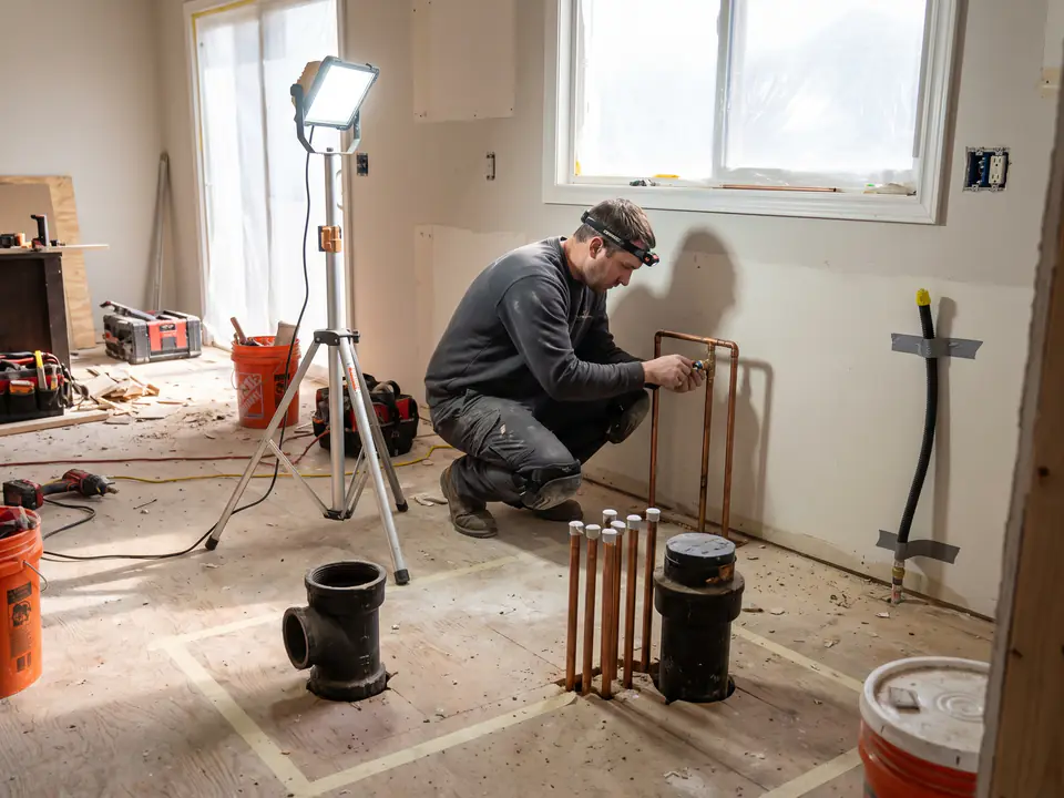 AI-generated placeholder standing in for a photo of a kitchen remodel plumbing rough-in. Not a real job.