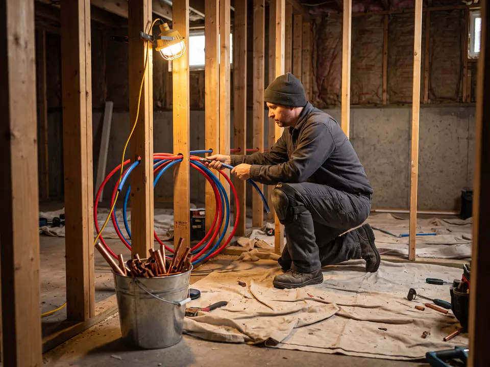 AI-generated placeholder standing in for a photo of a copper to PEX whole-home repipe. Not a real job.