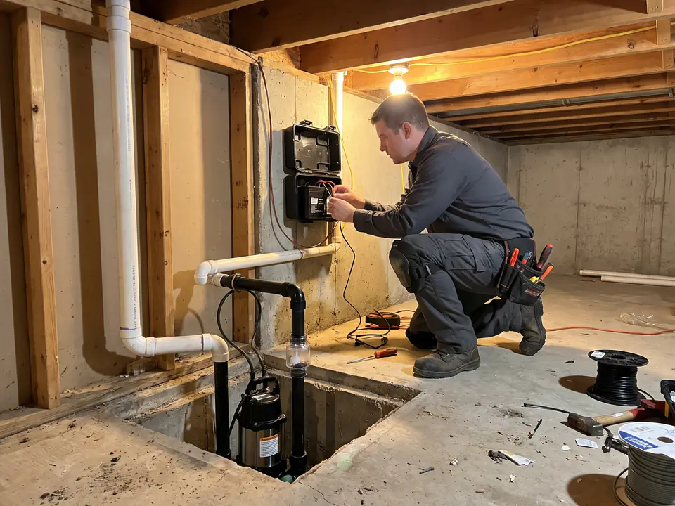 AI-generated placeholder standing in for a photo of a sump pump and battery backup installation. Not a real job.