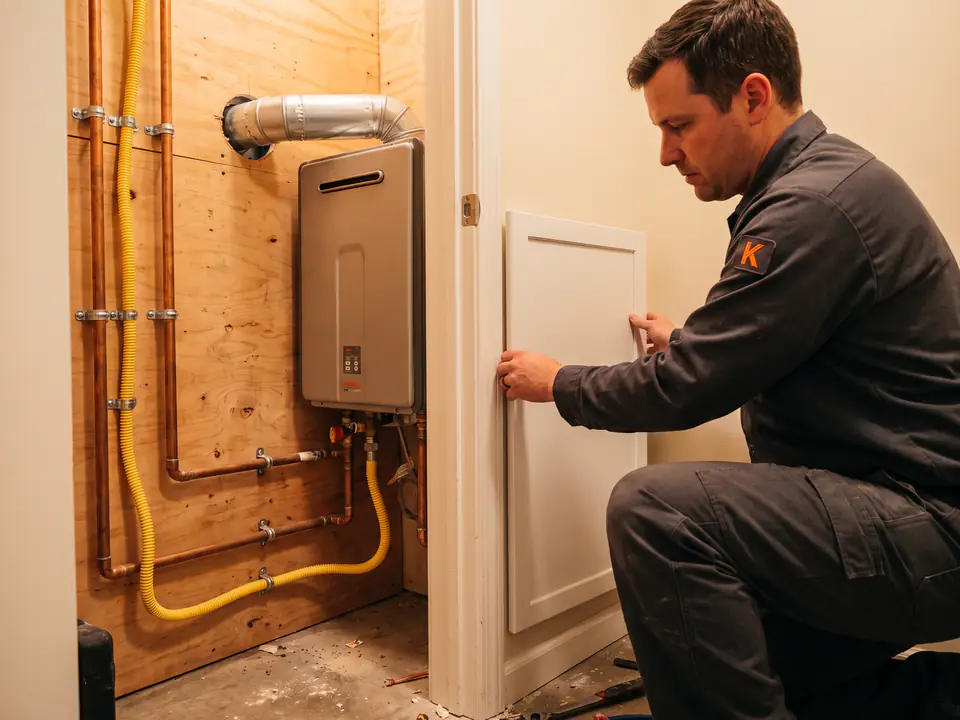 AI-generated placeholder standing in for a photo of a tankless water heater conversion. Not a real job.