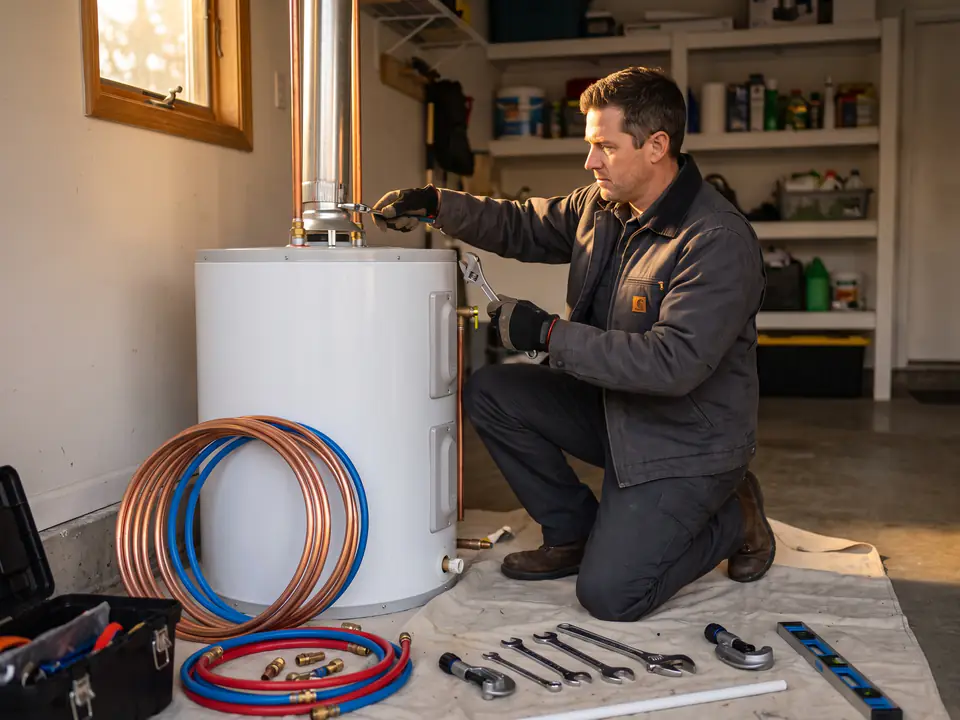 AI-generated placeholder standing in for a photo of a 50-gallon gas water heater replacement. Not a real job.