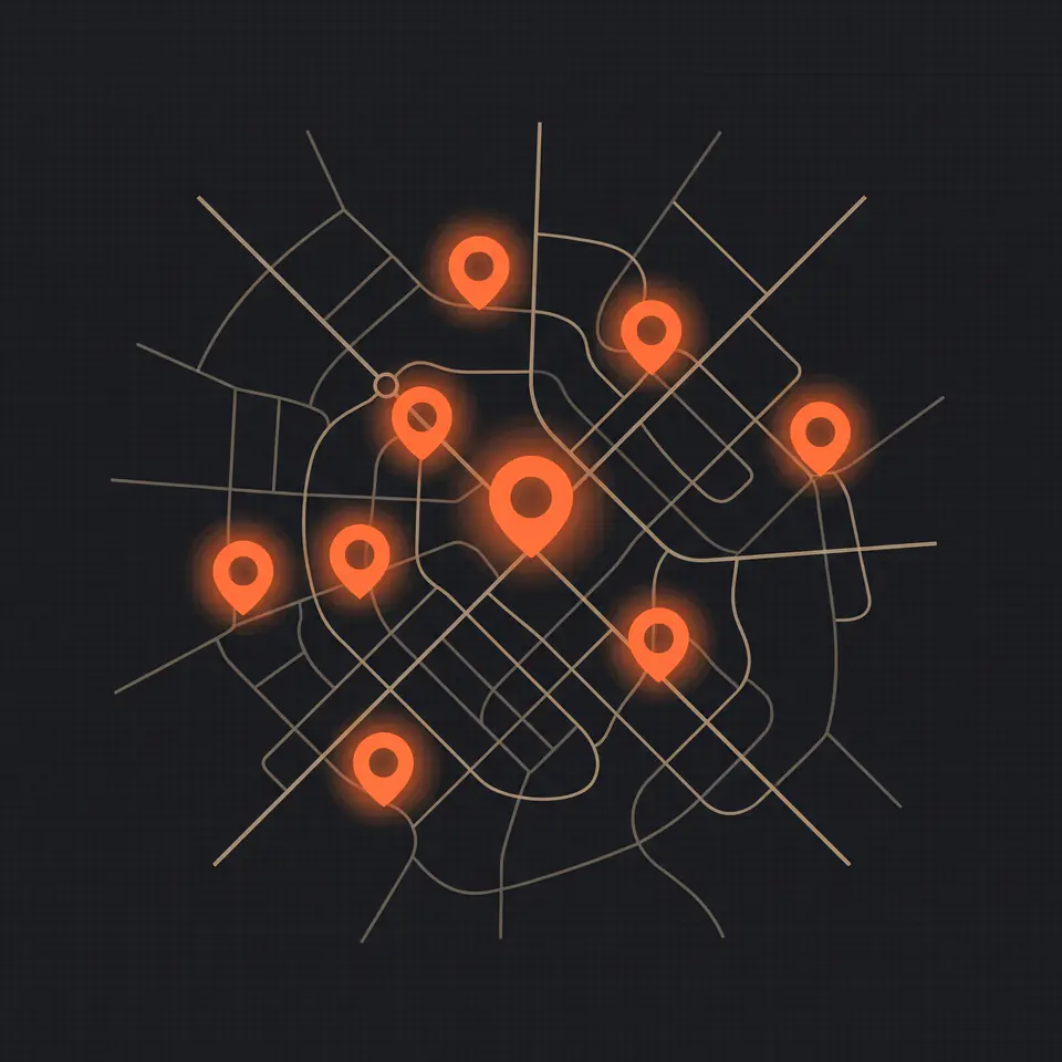 AI-generated illustration standing in for a service-area map. Part of a fictional demonstration site, so no real place is shown.