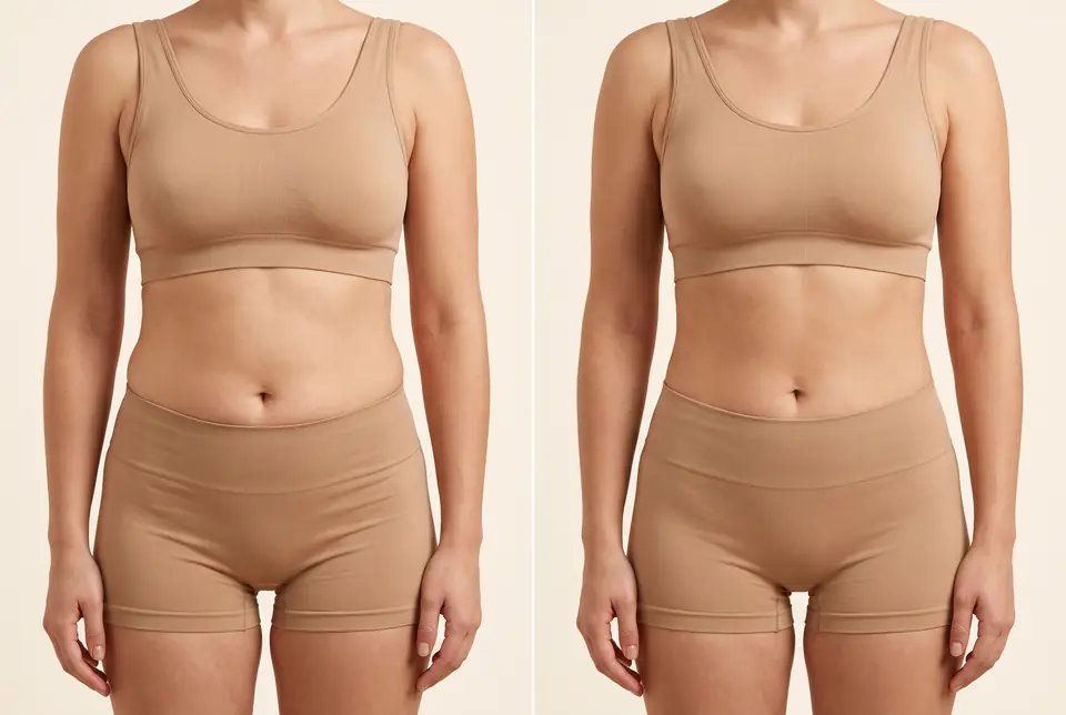 AI-generated placeholder before-and-after pair for a body contouring demonstration on a fictional patient. Not a real patient or a real outcome.