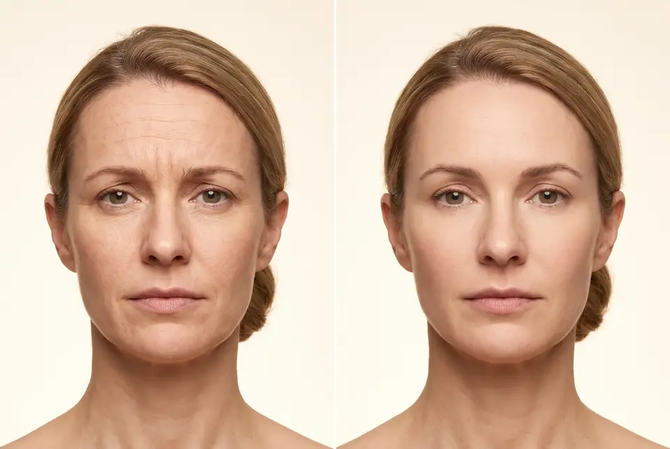 AI-generated placeholder before-and-after pair for a Botox forehead-line demonstration on a fictional patient. Not a real patient or a real outcome.