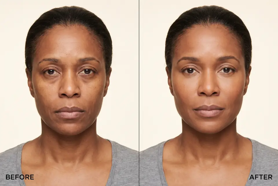 AI-generated placeholder before-and-after pair for a cheek filler demonstration on a fictional patient. Not a real patient or a real outcome.