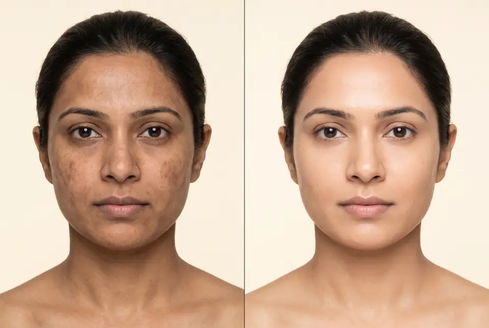AI-generated placeholder before-and-after pair for a chemical peel demonstration on a fictional patient. Not a real patient or a real outcome.