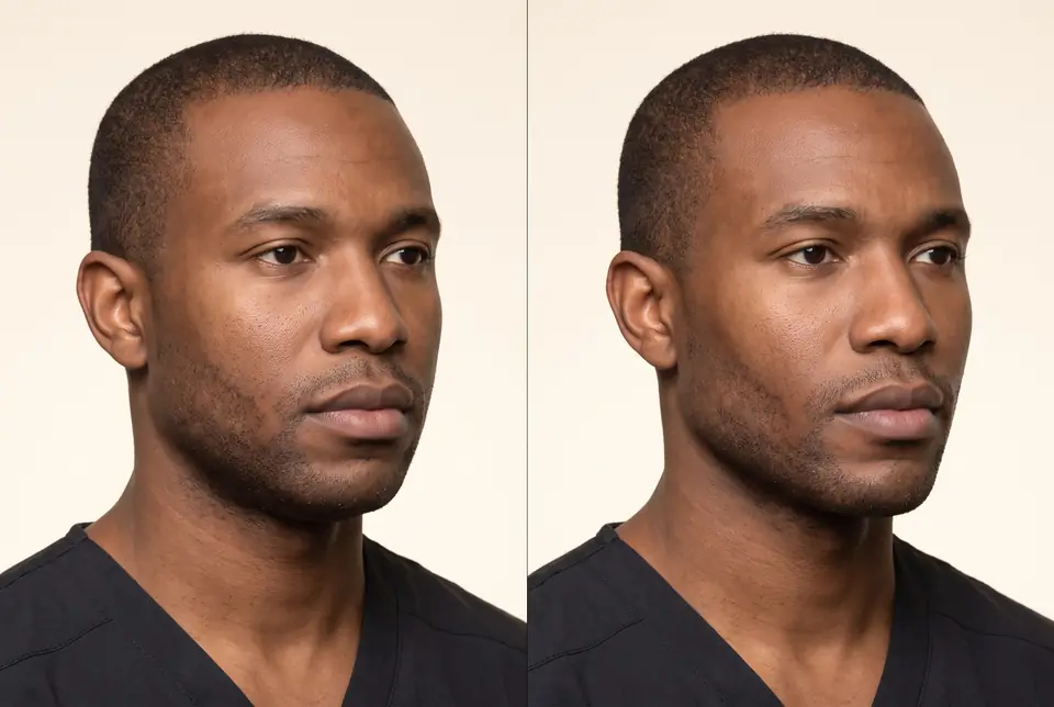 AI-generated placeholder before-and-after pair for a jawline filler demonstration on a fictional patient. Not a real patient or a real outcome.