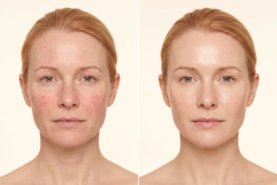AI-generated placeholder before-and-after pair for a laser and IPL photofacial demonstration on a fictional patient. Not a real patient or a real outcome.