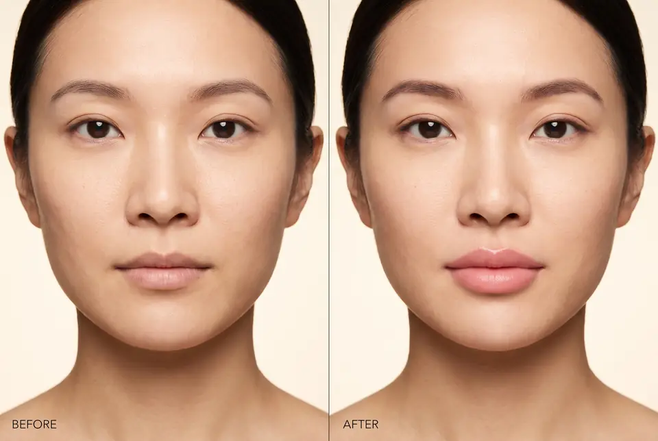 AI-generated placeholder before-and-after pair for a lip filler demonstration on a fictional patient. Not a real patient or a real outcome.