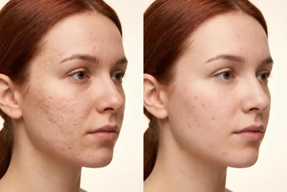 AI-generated placeholder before-and-after pair for a microneedling acne-scar demonstration on a fictional patient. Not a real patient or a real outcome.