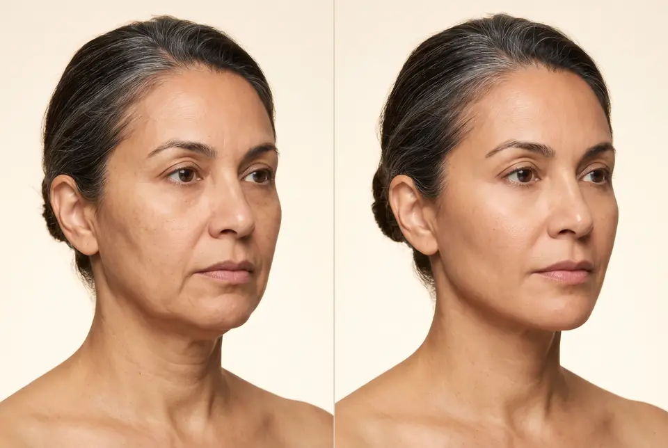 AI-generated placeholder before-and-after pair for a RF skin tightening demonstration on a fictional patient. Not a real patient or a real outcome.
