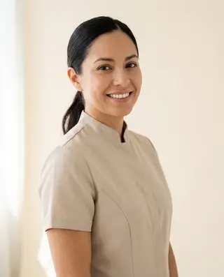 AI-generated portrait of Camille Ortega, licensed aesthetician at this fictional concept clinic. Placeholder imagery, not a real person.