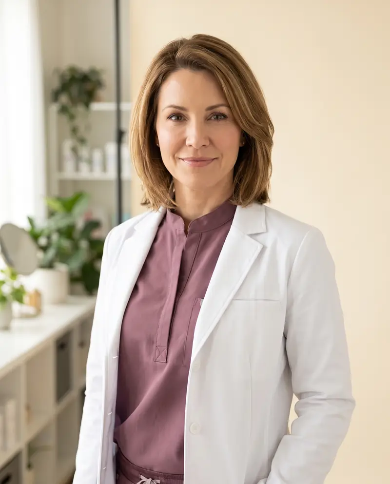 AI-generated portrait of Maya Ellison, NP-C, lead nurse injector at this fictional concept clinic. Placeholder imagery, not a real person.
