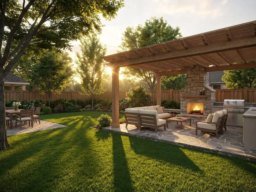 Backyard with covered patio, pergola and outdoor fireplace. Artist's concept.