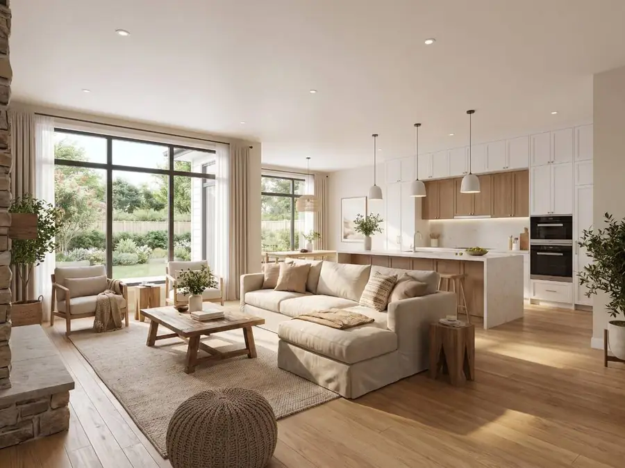 Open-concept great room and kitchen. Artist's concept.