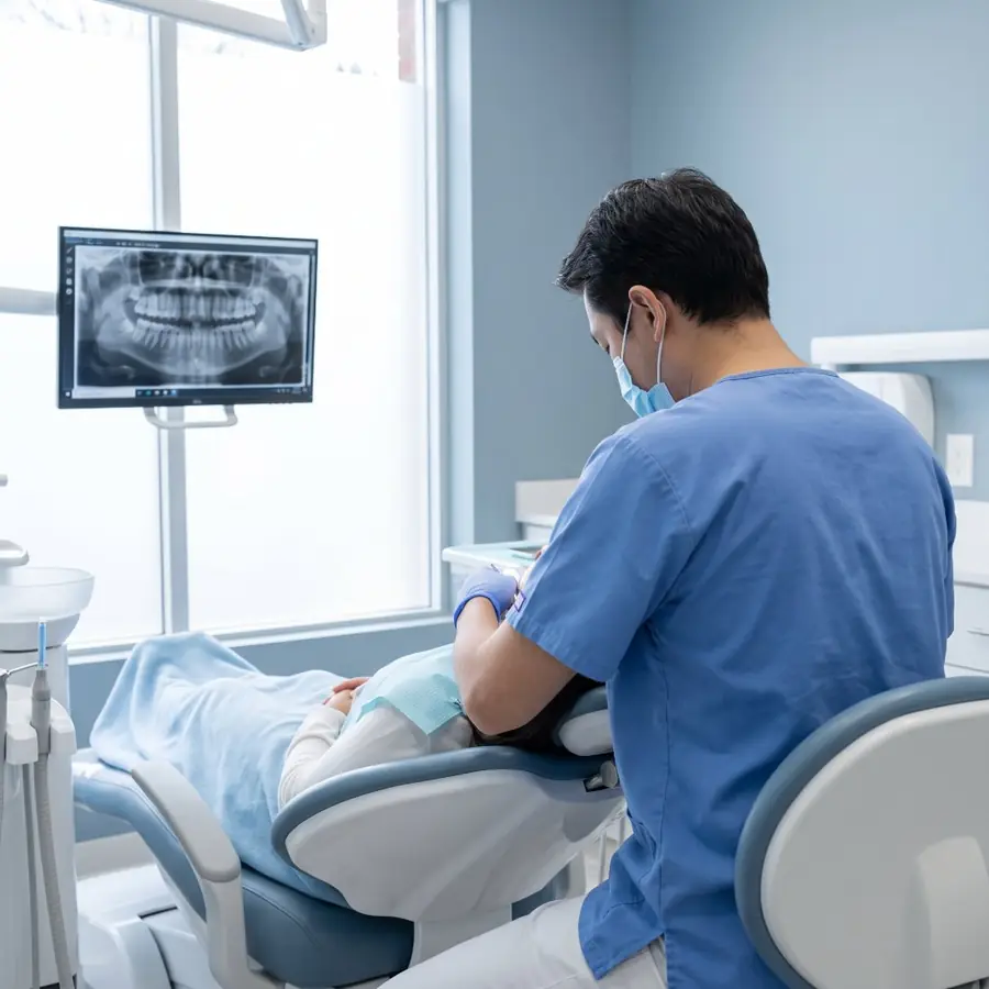 Dentist examining a reclined patient
