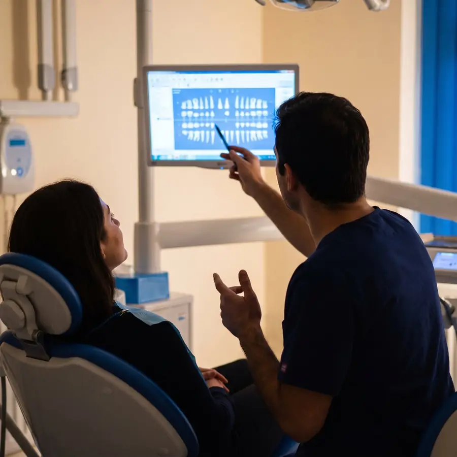Dentist reviewing X-rays on screen with the patient